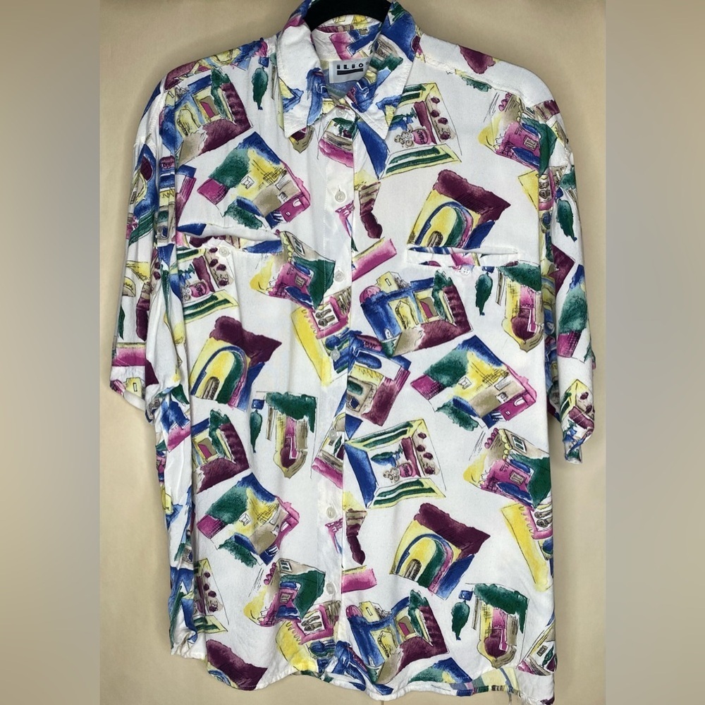 Vintage Colorful Short Sleeve Button Down Shirt Med/Lg